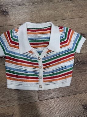 Women’s Short-Sleeve Crocheted Stripe Polo - White with Rainbow Stripes
